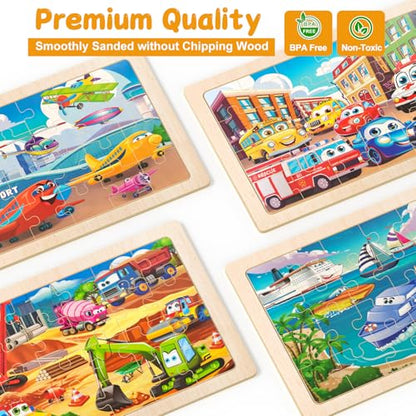 4 Pack Wooden Vehicle Jigsaw Puzzles for Kids Ages 2-4 Toddler Puzzles Gift | Sensory Toys, Preschool Educational Toys, Toddler Puzzles Gift for 3 4 5 Year Old Boys Girls - color: Vehicles