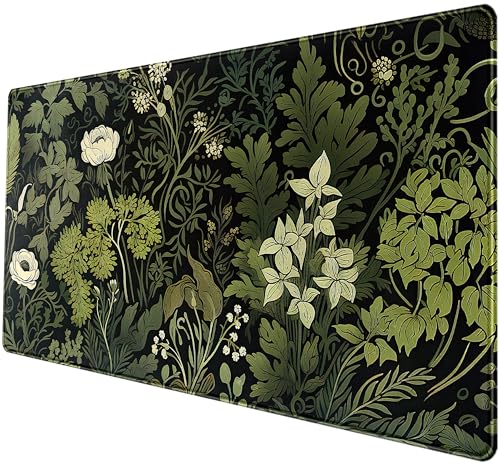 Green Leaves Beige Plants Pad, Large Extend Mouse Pad XXL, Freshness Foliage Keyboard Mat, Black Esthetics Desktop Mat Laptop Wireless Mouse Mat, Gift for Women 31.5"x15.75" - color: Green Leaves of Darkness