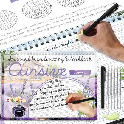 chiazllta Grooved Cursive Handwriting Workbook with Disappearing Ink Pens Magic Reusable Grooved Cursive Writing Practice for Beginners Kids Kickoff Student Workbook Homeschooling Supplies (Poems) - style: Poems
