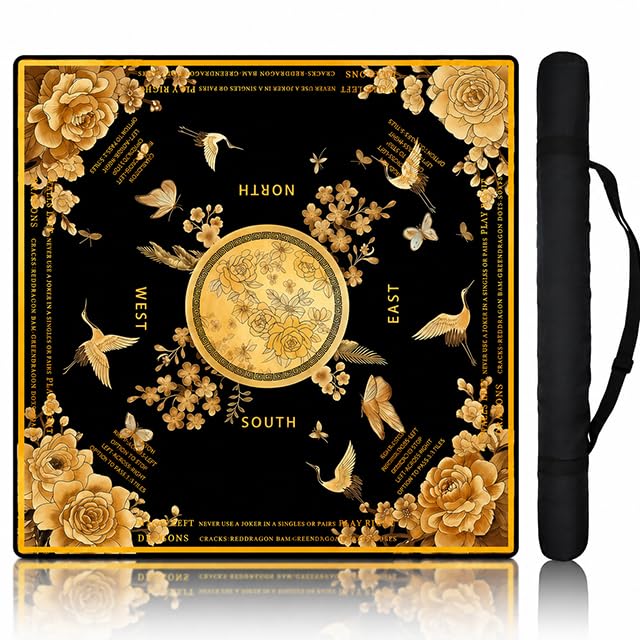 Black Mahjong Mat for Table, American Mahjong Mat with Rules, 31.5''x31.5'' | Non-Slip & Noise Reduction Mah Jongg Gift with Carrying Bag for Poker, Board Games, Dominoes, Cards & Tile Games - color: Luxury Black Gold