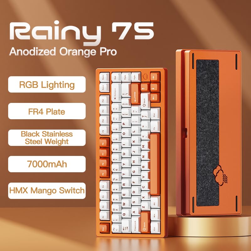 KEEBMONKEY WOBKEY Rainy 75 Aluminum HMX/JWK Switches Mechanical Keyboard with Superior Acoustics, Wired, BT, 2.4G Wireless Connectivity (Pro Orange(Stainless Steel Weight)) - style: Pro Orange(Stainless Steel Weight)