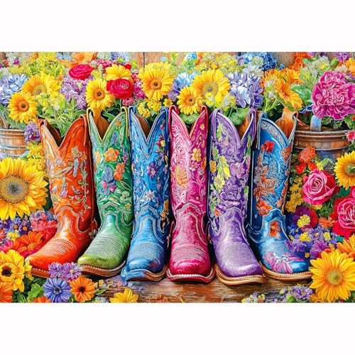 Beautiful Boots and Flowers Puzzles for Adults 1000 Pieces Funny Colorful Vintage Artwork Vibrant Jigsaw Puzzles 1000 Pieces Challenging Family Puzzle with Letters on Back Gift for Boys and Girls - color: Boots and Flowers, size: (27"X19")