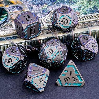 Metal DND Sci-fi Dice Set 7PCS Stripe Polyhedral Dice for Dungeons Dragons RPG Role Playing Game, Glitter D and D Dice with Gift Box D6 D8 D10 D12 D20 (Black&Green Purple) - color: Black - Green Purple
