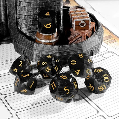 Black Cat's Eye Dice Set, 7-Piece Handcrafted Polyhedral Dice with Gold Engraving, Ideal for D&D, RPG, MTG & Tabletop Games, Gift Box Included (Cat's Eye - Black) - color: Cat's Eye - Black