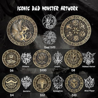 DNDND 8-in-1 Spinner Dice with Dual D20 - Hexagonal Metal D&D Monster Themed Dice Set for TTRPG Dungeons and Dragons, Dungeon Masters with Collectible Gift Tin (Brass) - color: Brass