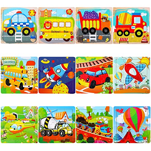 SANNIX 12 Pack Wooden Jigsaw Puzzles for Toddlers 3 4 5 Years Old | Party Favors Transportation Jigsaw for Kids, Educational Puzzles Travel Toy with 12 Organize Bags - style: Vehicles