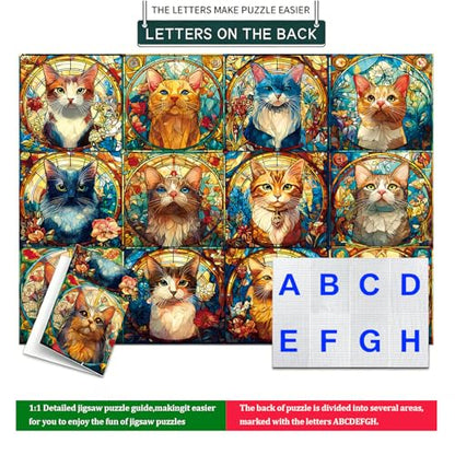 Stained Glass Cat Puzzles, 1000 Piece Puzzle for Adults, 20 x 27 in | Tight Piece Fit, 1:1 Reference Poster, Lettered Back, Minimal Puzzle Dust, Vibrant Colors, 2mm Extra-Thick Pieces - color: 1000 Pieces-stained Glass Cat