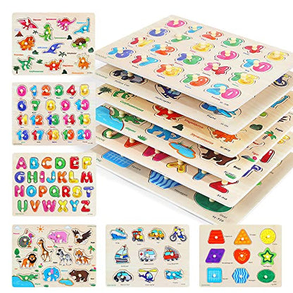 GRINNNIE Wooden Peg Puzzle for Toddlers, 6 Pack Toddler Puzzles Set for 3 4 5 Years Old (Alphabet Number Shape Animal Dinosaur Vehicle), Preschool Education Learning Puzzle Toys for Girls and Boys