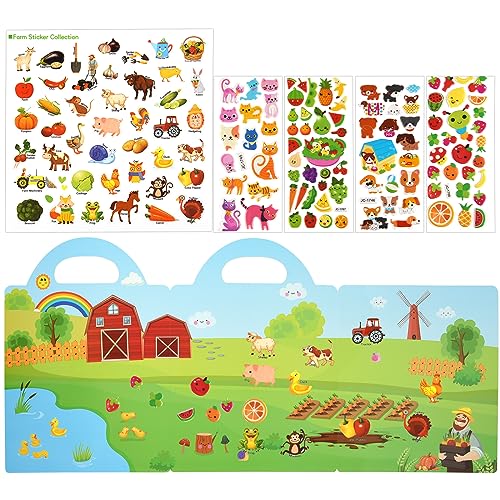 ASTARON Reusable Sticker Book for Toddlers, 88 Pcs Farm Harvest Stickers Road Trip Activities Car Airplane Activities Travel Toys for Kids, Kids Quiet Time Activities (2-6 Age) - style: Farm harvest