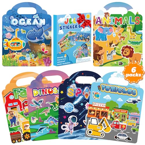 6 Pack 3D Jelly Stickers for Kids, Reusable Creative Activity Set Ages 3-8 - style: Farmhouse+Dinosaurs+Space+Animals+Ocean+Vehicles