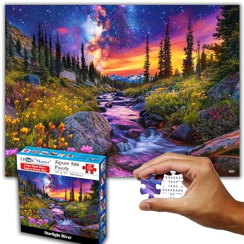 Think2Master Starry Mountain River 500 Pieces Large Format Jigsaw Puzzle: 13+, Teens, Adults & Families.Vibrant Starry Night & Milkyway Landscape with Flowers. Great Gift. Size: 26.8” X 18.9” - style: Starry Mountain River