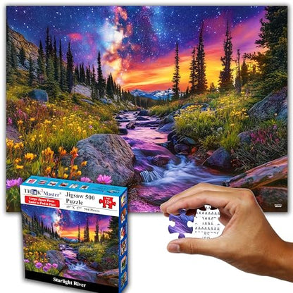 Think2Master Starry Mountain River 500 Pieces Large Format Jigsaw Puzzle: 13+, Teens, Adults & Families.Vibrant Starry Night & Milkyway Landscape with Flowers. Great Gift. Size: 26.8” X 18.9” - style: Starry Mountain River