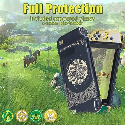 BRHE Protect Case for Nintendo Switch Dockable PC Protective Cover with Comfortable TPU Joy-Con Grip Case,4 Thumb Stick Caps and Tempered Glass Screen Protector(Zelda Tear of The Kingdom)