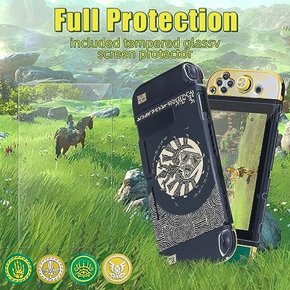 BRHE Protect Case for Nintendo Switch Dockable PC Protective Cover with Comfortable TPU Joy-Con Grip Case,4 Thumb Stick Caps and Tempered Glass Screen Protector(Zelda Tear of The Kingdom)