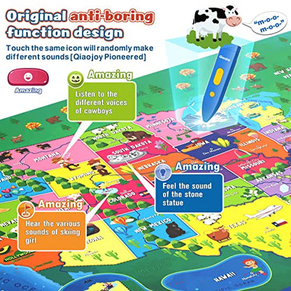 Qiaojoy V2 Interactive Kids Map Bilingual United States Map for Kids Learning, Educational Talking USA Map Poster Geography Games Personalized Kid Toys for Boys & Girls Ages 3-12. - style: USA Map