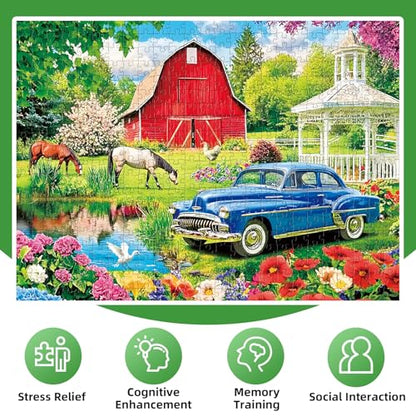 Puzzles for Adults 500 Pieces,Farm Horse Puzzle for Adult,Flowers Rooster Barn Truck Themed Jigsaw Puzzle,Country Life Puzzle for Seniors,Puzzles for Family Game Nights, 20.5x15 in - style: 500P Farm