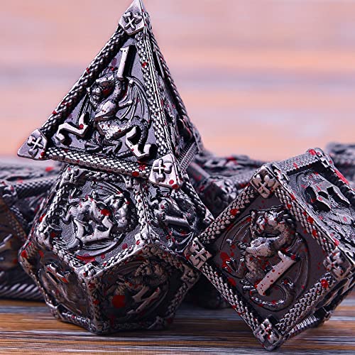 AUSTOR 7-Die Metal DND Dice Set Dungeons and Dragons Polyhedral Roll Playing Dice with Box D20 D12 D10 D% D8 D6 D4 for Pathfinder MTG RPG Board Games - color: Antique Iron With Blood Spattered