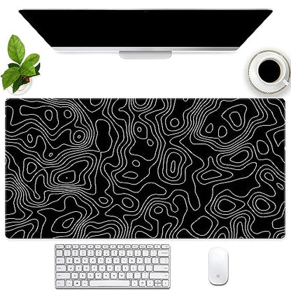 Black and White Topographic Desk Mat, Large Gaming Mouse Pad 31.5x15.7 | Sleek black and white contour line desk mat featuring pixel-precise tracking and a secure anti-slip rubber base. - color: Black Topographic Map