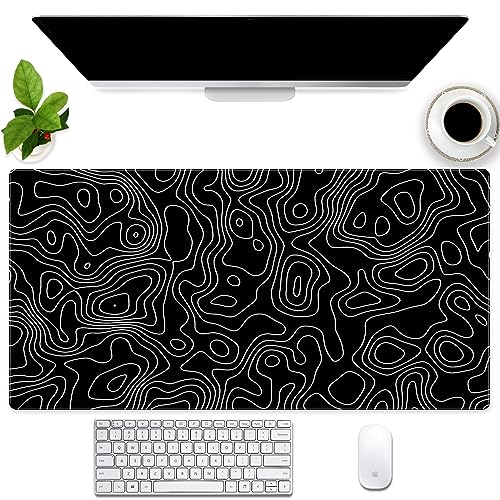 Black and White Topographic Desk Mat, Large Gaming Mouse Pad 31.5x15.7 | Sleek black and white contour line desk mat featuring pixel-precise tracking and a secure anti-slip rubber base. - color: Black Topographic Map