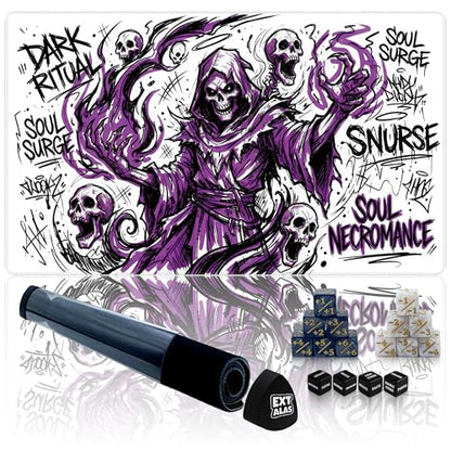 MTG Playmat with Storage Tube & 7-Dice Set - Waterproof TCG Playmat with Stitched Edges, Non-Slip Rubber Card Game Mat (24"x14") (playmat with Zones, Street Art Necromancer) - color: Street Art Necromancer, style: playmat with zones