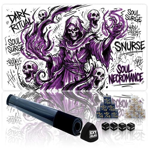 MTG Playmat with Storage Tube & 7-Dice Set - Waterproof TCG Playmat with Stitched Edges, Non-Slip Rubber Card Game Mat (24"x14") (playmat with Zones, Street Art Necromancer) - color: Street Art Necromancer, style: playmat with zones