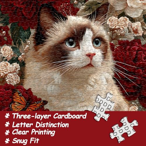 Cat Puzzles for Adults 1000 Pieces, Flower Animal Jigsaw Puzzles Kitten Butterfly, Floral Kitty Puzzle, Difficult Flower Cat Puzzle as Home Decor - style: Peony Cat Dreams puzzle