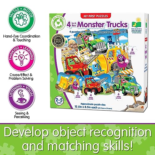 Learning Journey International LLC My First 4-in-A-Box Puzzle – Monster Truck – Educational Toddler Toys & Gifts for Boys & Girls Ages 2 and Up, Multi - style: Monster Trucks