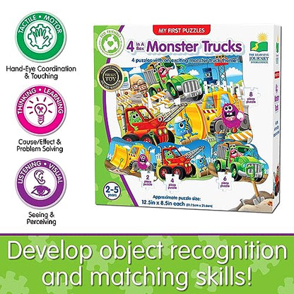 Learning Journey International LLC My First 4-in-A-Box Puzzle – Monster Truck – Educational Toddler Toys & Gifts for Boys & Girls Ages 2 and Up, Multi - style: Monster Trucks