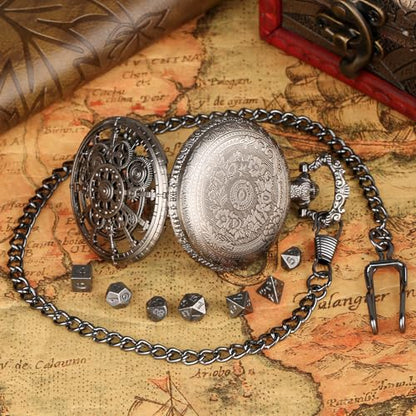 Hollow Gear Pocket Watch Dice Set, DND Metal Dice Set for RPG, Mini DND Dice for Board Game, DND Gifts with Leather Bag, Tabletop Games Accessory, Xmas Stocking Stuffer, Dark Silver - color: Dark Silver