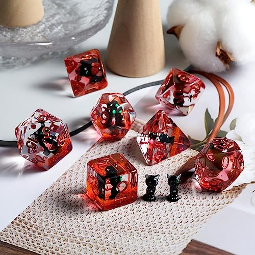 Black Cat Gaming Dice Set D&D, DNDND 7PCS Resin DND Dice with Velvet Bag for Dungeons and Dragons Role Playing Games and Tabletop Games（Black Cat - color: Cat-black