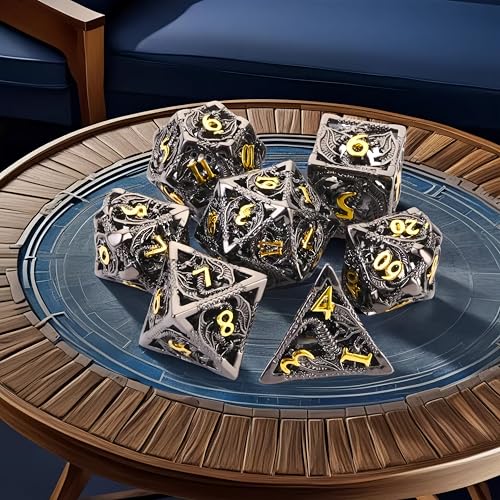 Metal DND Dice Set Dungeons and Dragon Dice Set Hollow Dragon Polyhedral Magic 7 PCS Dice Set with Gift Metal Box for Dungeons and Dragons Table Games Play Cards MTG(Dragon_Black Plus Gold) - color: Dragon_black Plus Gold