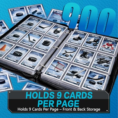 Hockey Card Binder with Sleeves, 9-Pocket Portable Card Protectors Album Holder Book with Zipper, Fits 900 Cards with 50 Removable Sleeves, Hockey Cards Display Storage Carrying Case - color: Hockey-01
