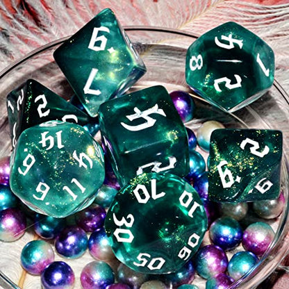 Galaxy Dice Set| Dark Green Mix Cyan Crystal DND Dice Set for Board Game - color: Dark Green Cyan