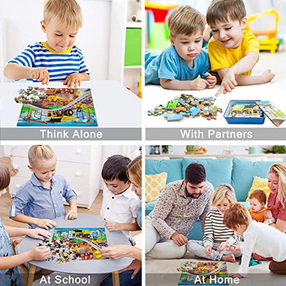LELEMON Puzzles for Kids Ages 4-8,Construction Site 100 Piece Puzzles for Kids,Educational Kids Puzzles Jigsaw Puzzles in a Metal Box,Children 100 Piece Puzzle Games Puzzle Toys for Girls and Boys | Construction Site Kids Puzzles Jigsaw Puzzles for Kids A
