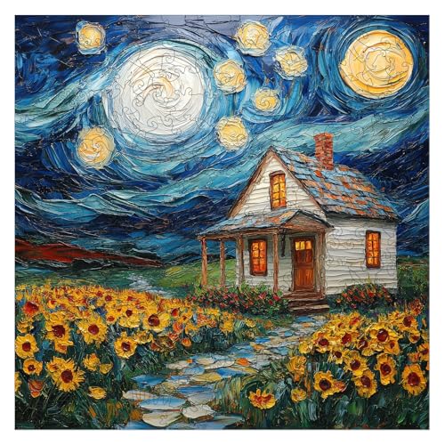 Leodozzio 200Pcs Wooden Jigsaw Puzzle Starlight House DecorGift 11.2x11.2in | 5mm Thick Starlight design,hand-painted unique shape pieces,House art Wall Decor,brain teaser,Relaxing Gift for Adults&Teens - color: Starlit House, size: 200 pieces