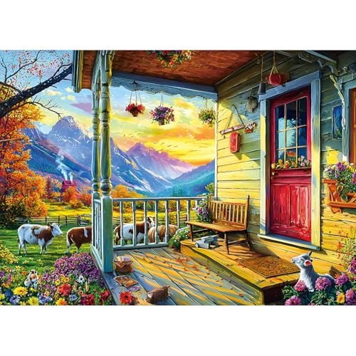 Puzzles for Adults 1000 Pieces, Country Life - Autumn Porch with Animals Puzzles for Adults, Mountain Scene Jigsaw Puzzle 1000 Pieces, Gift for Adult Jigsaw Puzzles Lovers, 27.5 x 19.7 inch - color: Orange - Country Life, size: 27.5" X 19.7"