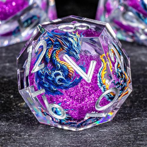 OUKELANWO Liquid Core Dragons Stickers DND Dice Set D&D, 7Pcs Dungeons D and D Role Playing Dice with Gift Box, Resin Sharp Edge Dice D20 D12 D10 D8 D6 D4, Purple White - color: Purple
