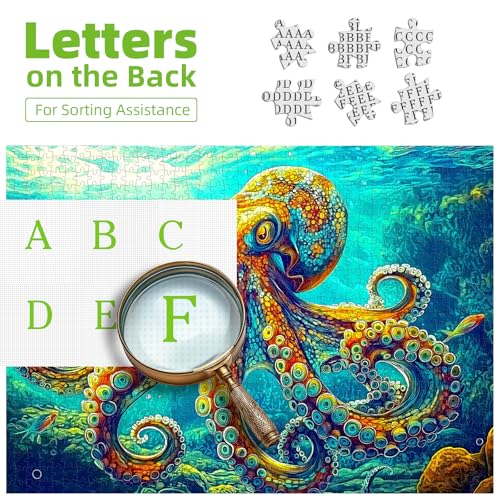 MINIWAN 1000 Piece Vibrant Octopus Underwater Jigsaw Puzzle | 27.5"x19.7", Letters on Back, Reference Poster Included, For Adults & Seniors - color: Deep-sea Octopus