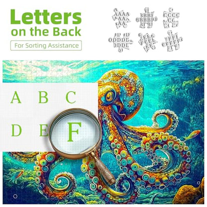 MINIWAN 1000 Piece Vibrant Octopus Underwater Jigsaw Puzzle | 27.5"x19.7", Letters on Back, Reference Poster Included, For Adults & Seniors - color: Deep-sea Octopus