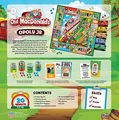 MasterPieces 어린이 및 가족 보드 게임 - 올드 맥도날드 농장 Opoly Jr. - 어린이 및 가족을 위한 공식 라이선스 보드 게임 - style: 올드 맥도날드 농장