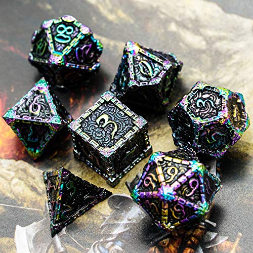 Cusdie 7 Pcs Metal DND Dice with Metal Box, Dagger Design Polyhedral Dice Set, for Role Playing Game D&D Dice (Colorful Black) - color: Colorful Black