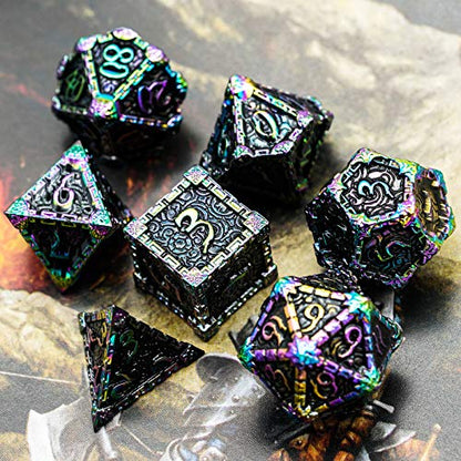 Cusdie 7 Pcs Metal DND Dice with Metal Box, Dagger Design Polyhedral Dice Set, for Role Playing Game D&D Dice (Colorful Black) - color: Colorful Black