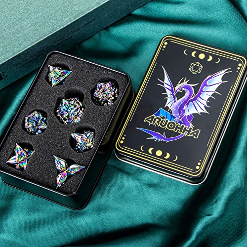 ARUOHHA DND Metal Dice Set Rainbow Leaf Design Polyhedral Dice with Box, 7PCS D and D Dice RPG Role Playing Games D20 D12 D10 D8 D6 - color: Leaves - Colorful