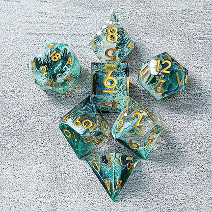 DND Dice Set, Sharp Edge Resin Dice Set with Dice Case, Handmade 7 Accessories Polyhedral Dice for Role Playing Game Dungeons and Dragons, D&D Dice (Sea Wave Green)
