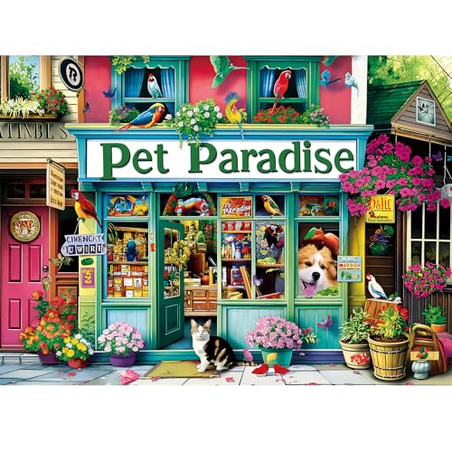300 Piece Puzzles for Adults,Colorful Pet Shop Jigsaw Puzzle for Children Seniors,Large Piece Cat Dog Bird Puzzle for Kids Age 8-10 10-12,Vibrant Flower Storefront Town Puzzle,Family Game Great Gift - style: Pet Store