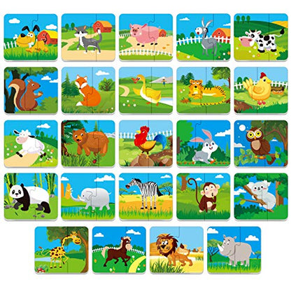 48 Animal Matching Puzzles with Error-Correction Mechanism Pre-Primer in 2 Pieces, Perfect for Preschool Learning (24 Blocks Double Sided) - style: Animal-A