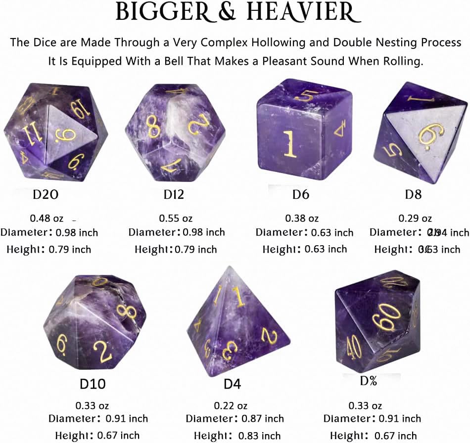 Natural Gemstone DND Dice Set,7 Pcs Amethyst Crystal Handmade Polyhedral D&D gem Dices with Gift Metal Box for Dungeons and Dragons MTG Role Playing Games Natural Stone d and d Dice - color: Amethyst