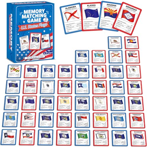 gisgfim 100 PCS Memory Matching Game Flags of U.S. States Concentration Memory Card Educational Cards Games Geography Learn States Capitals Game Gift for Kid Adults Learning Activities Matching Games - style: Flags of U.S. States