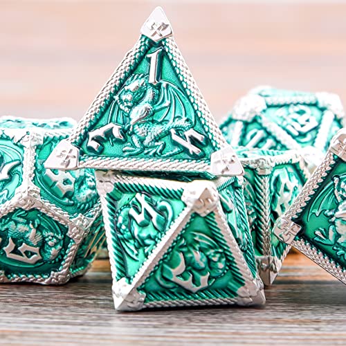 AUSTOR 7-Die Metal DND Dice Set Dungeons and Dragons Polyhedral Roll Playing Dice with Box D20 D12 D10 D% D8 D6 D4 for Pathfinder MTG RPG Board Games - color: Emerald With Silver Edge