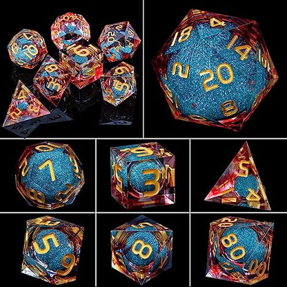 ARUOHHA Liquid Core DND Dice Set, 7pcs Resin Sharp Edged Dice RPG Red Blue Polyhedral D and D Dice with Gift Box, Role Playing Dice Set D20 D12 D10 D8 D6 D4 - color: Blue Red